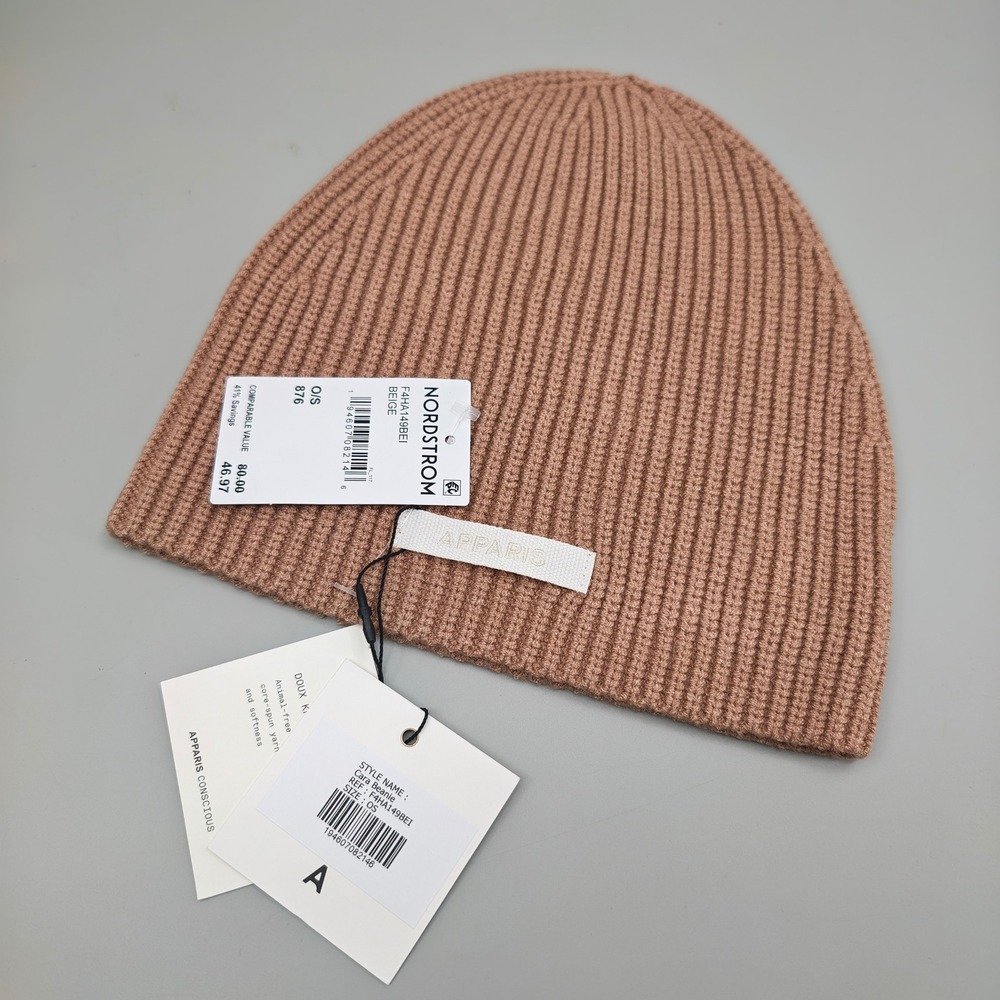 Apparis Cara Beanie Beige Ribbed Knit Animal Free Core Spun Yarn Hat OS NEW